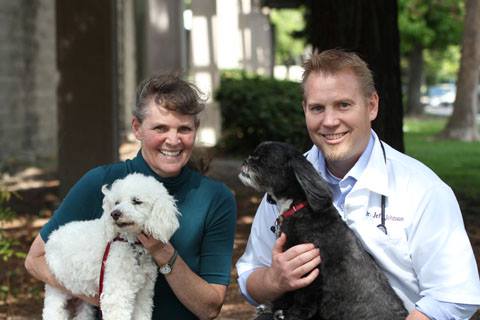 Veterinarian microchipping a dog at Tassajara Veterinary Clinic in Danville, CA